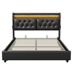 Simple Life Lit Rembourré 180x200 avec USB et prises, LED,lit à coffre hydraulique lit double, simili cuir, noir Clearance