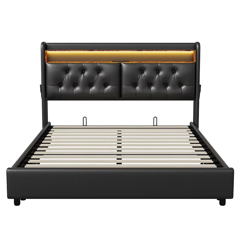 Simple Life Lit Rembourré 180x200 avec USB et prises, LED,lit à coffre hydraulique lit double, simili cuir, noir Clearance