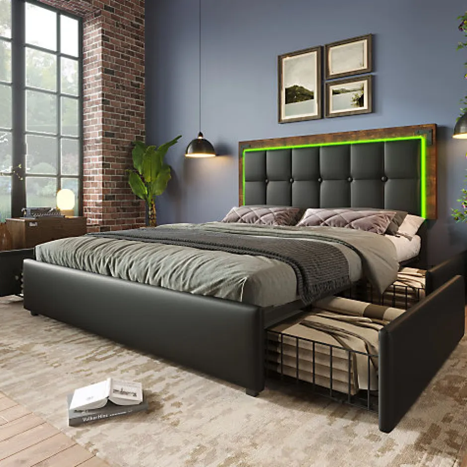 ModernLuxe Lit rembourré 160x200 cm avec LED et 4 tiroirs - tête de lit réglable en hauteur - en similicuir noir