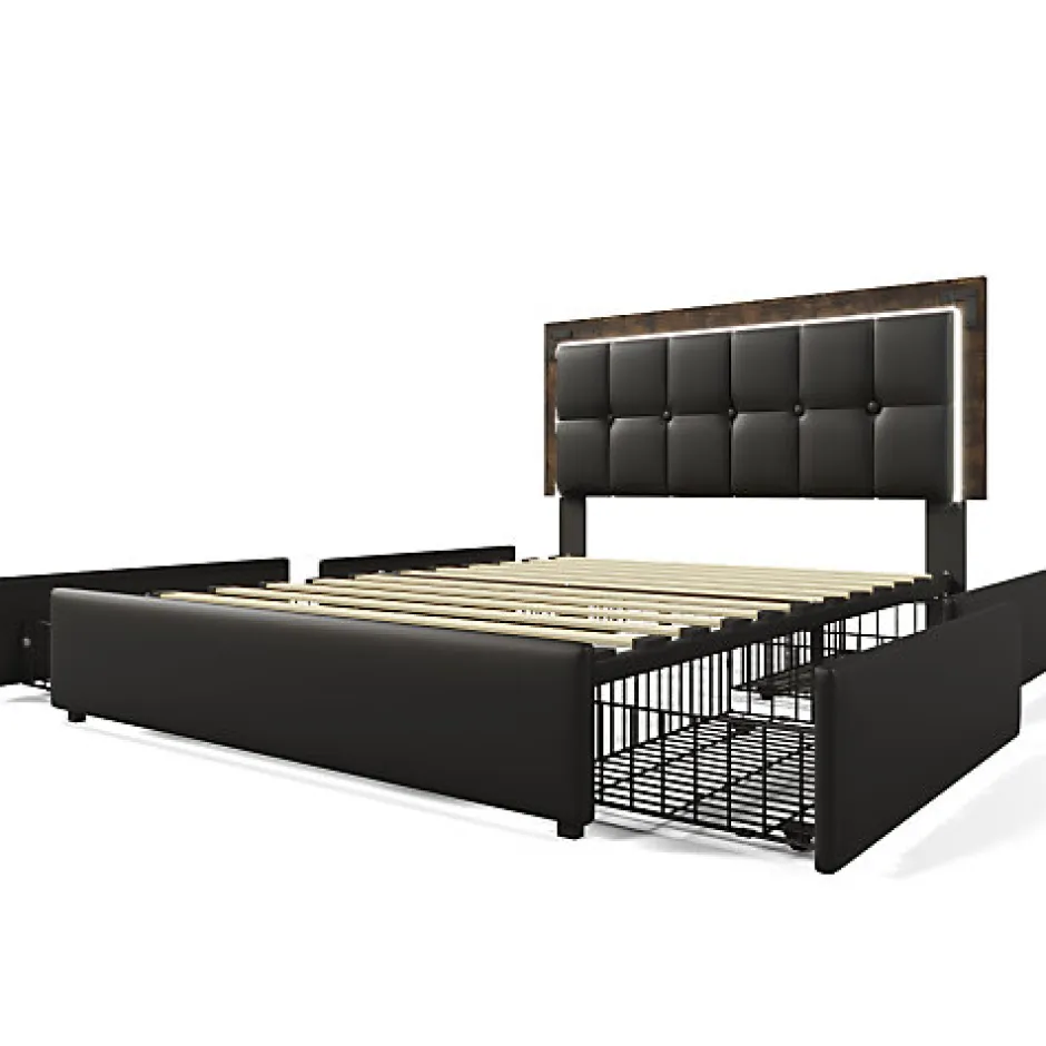 ModernLuxe Lit rembourré 160x200 cm avec LED et 4 tiroirs - tête de lit réglable en hauteur - en similicuir noir