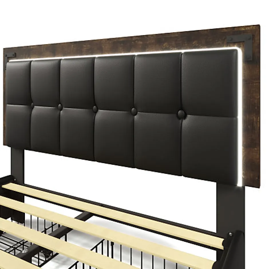 ModernLuxe Lit rembourré 160x200 cm avec LED et 4 tiroirs - tête de lit réglable en hauteur - en similicuir noir
