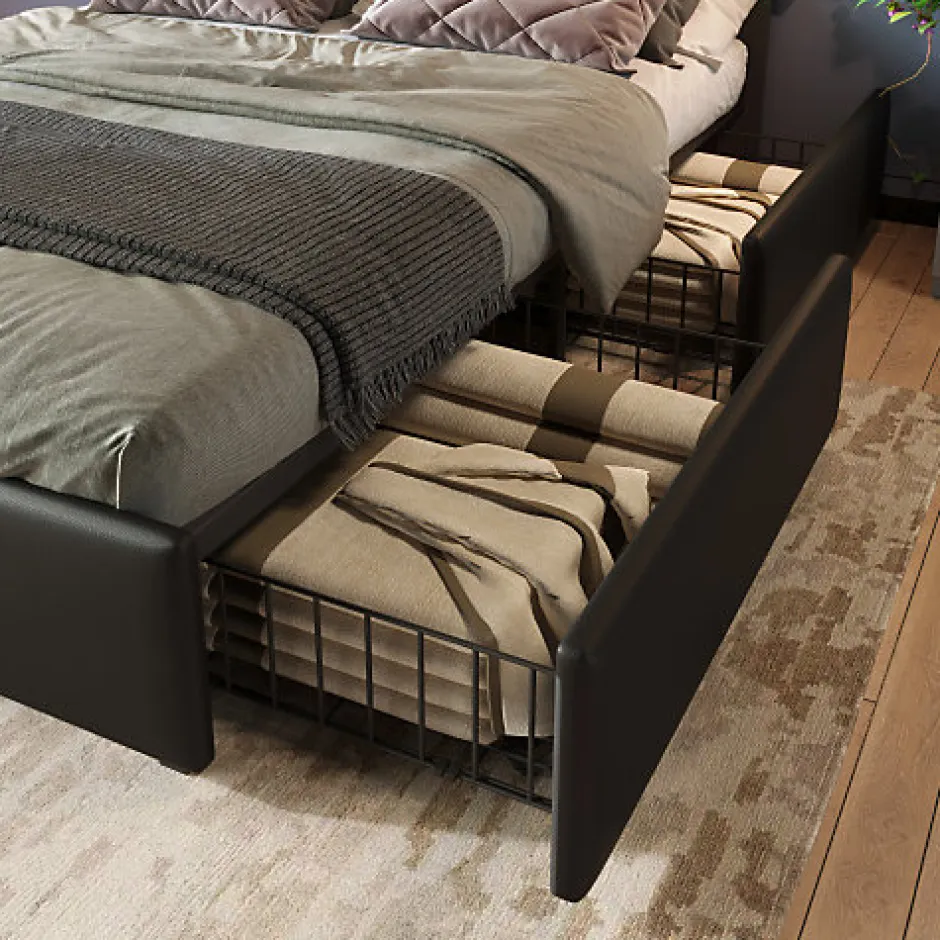 ModernLuxe Lit rembourré 160x200 cm avec LED et 4 tiroirs - tête de lit réglable en hauteur - en similicuir noir