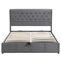 Gutent Lit rembourré 140x190 cm, avec levier hydraulique, lit fonctionnel de rangement, ornementation de rivets, velours, gris Sale