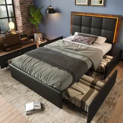 ModernLuxe Lit rembourré 90x200 cm avec LED et 4 tiroirs - tête de lit réglable en hauteur - en similicuir noir