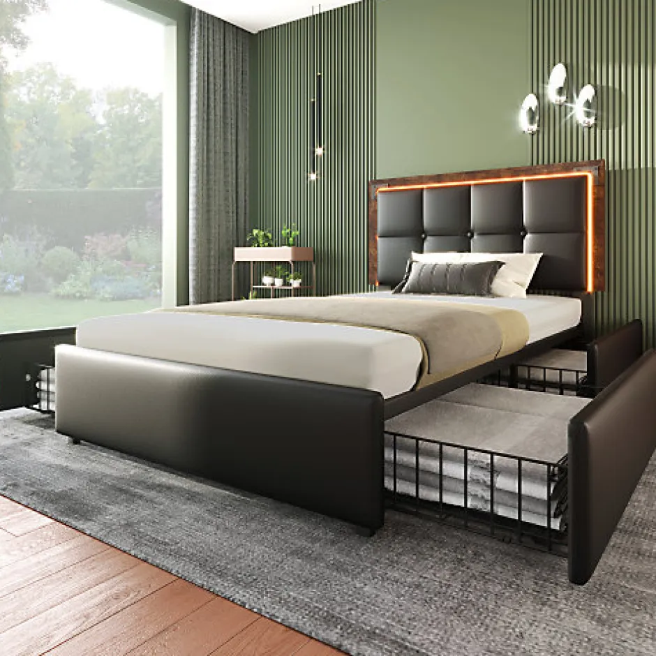 ModernLuxe Lit rembourré 90x200 cm avec LED et 4 tiroirs - tête de lit réglable en hauteur - en similicuir noir