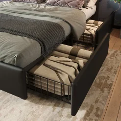ModernLuxe Lit rembourré 90x200 cm avec LED et 4 tiroirs - tête de lit réglable en hauteur - en similicuir noir