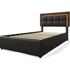 ModernLuxe Lit rembourré 90x200 cm avec LED et 4 tiroirs - tête de lit réglable en hauteur - en similicuir noir