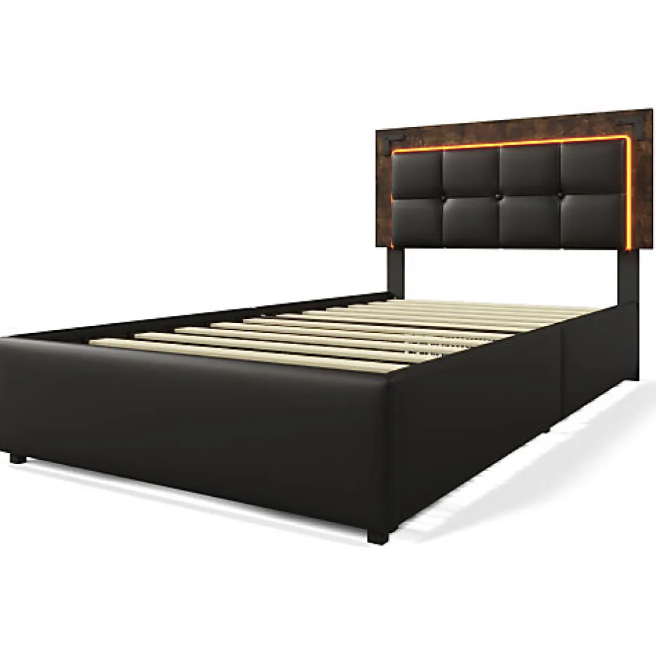 ModernLuxe Lit rembourré 90x200 cm avec LED et 4 tiroirs - tête de lit réglable en hauteur - en similicuir noir