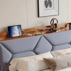 Fortuna lai Lit Rembourré 160x200 Cm Avec Ports USB, Étagères Ouvertes Et Tiroirs Dans La Tête De Lit, Gris Clearance
