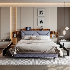 Fortuna lai Lit Rembourré 160x200 Cm Avec Ports USB, Étagères Ouvertes Et Tiroirs Dans La Tête De Lit, Gris Clearance