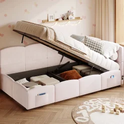 Redom Lit rembourré 90x200 cm avec sommier en velours rose port USB poche de rangement sans matelas Best