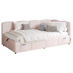 Redom Lit rembourré 90x200 cm avec sommier en velours rose port USB poche de rangement sans matelas Best