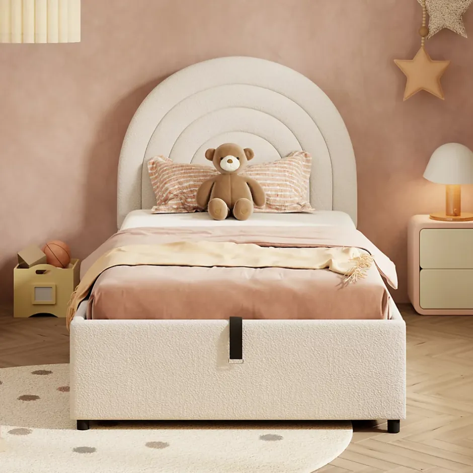 Redom Lit rembourré 90x200 cm avec sommier tissu bouclette beige lattes en bois montage facile pour jeunes et adultes Hot