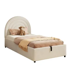 Redom Lit rembourré 90x200 cm avec sommier tissu bouclette beige lattes en bois montage facile pour jeunes et adultes Hot