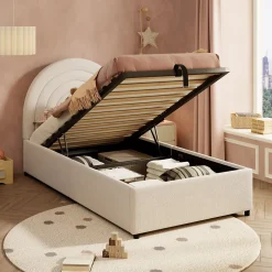Redom Lit rembourré 90x200 cm avec sommier tissu bouclette beige lattes en bois montage facile pour jeunes et adultes Hot