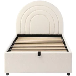 Redom Lit rembourré 90x200 cm avec sommier tissu bouclette beige lattes en bois montage facile pour jeunes et adultes Hot