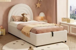 Redom Lit rembourré 90x200 cm avec sommier tissu bouclette beige lattes en bois montage facile pour jeunes et adultes Hot