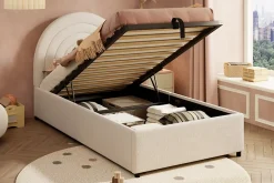 Redom Lit rembourré 90x200 cm avec sommier tissu bouclette beige lattes en bois montage facile pour jeunes et adultes Hot