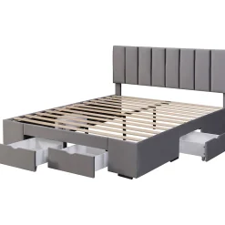 Gutent Lit rembourré 160x200 cm, avec sommier à lattes,dossier et 4 tiroirs, velours, gris