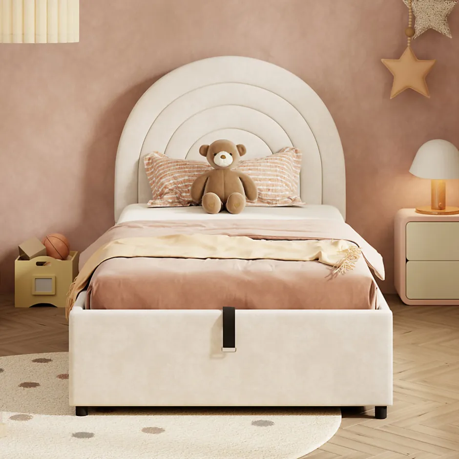 Redom Lit rembourré 90x200 cm avec sommier et tête de lit en velours beige lattes en bois montage facile pour jeunes et adultes