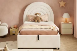 Redom Lit rembourré 90x200 cm avec sommier et tête de lit en velours beige lattes en bois montage facile pour jeunes et adultes