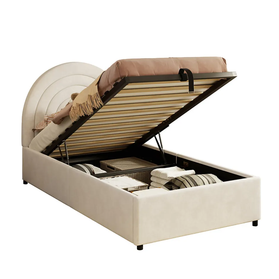Redom Lit rembourré 90x200 cm avec sommier et tête de lit en velours beige lattes en bois montage facile pour jeunes et adultes