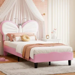 Simple Life Lit Rembourré 90x200 cm, Cadre de lit Simple avec sommier à Lattes, Cadre de lit pour Enfants, Adolescents, Adultes, Velours, Pink