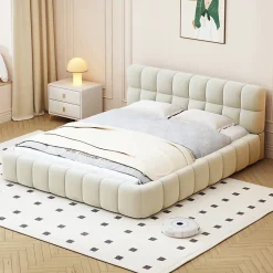 ProximaX Lit rembourré 140x190 cm en lin, dossier moelleux, cadre rembourré, sommier à lattes inclus, lit jeune/double, Beige Discount