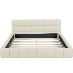 ProximaX Lit rembourré 140x190 cm en lin, dossier moelleux, cadre rembourré, sommier à lattes inclus, lit jeune/double, Beige Discount