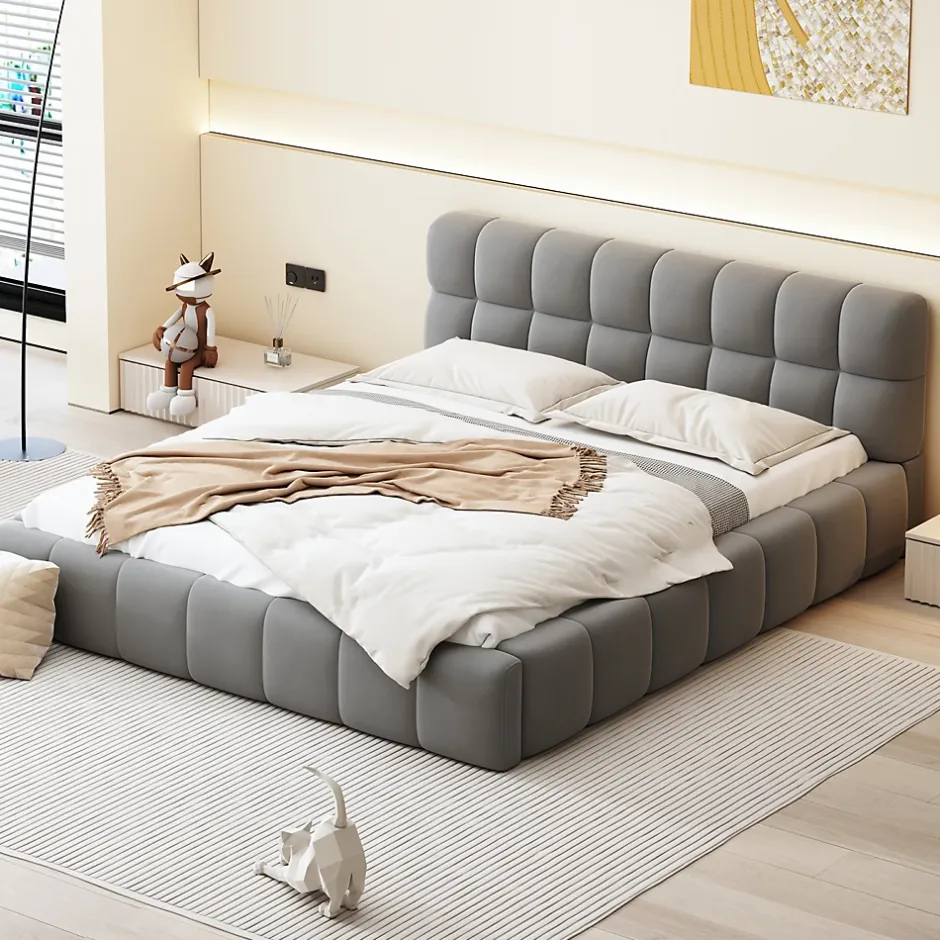 ProximaX Lit rembourré 160x200 cm en lin, dossier moelleux, cadre rembourré, sommier à lattes inclus, lit double/jeune, Gris Best