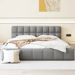 ProximaX Lit rembourré 160x200 cm en lin, dossier moelleux, cadre rembourré, sommier à lattes inclus, lit double/jeune, Gris Best