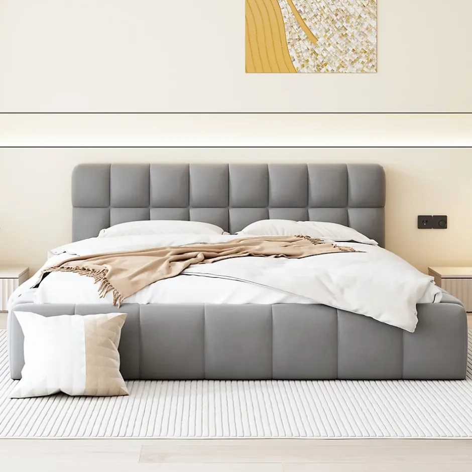 ProximaX Lit rembourré 160x200 cm en lin, dossier moelleux, cadre rembourré, sommier à lattes inclus, lit double/jeune, Gris Best