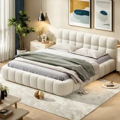 ProximaX Lit rembourré 140x200 cm en lin avec dossier moelleux, bordure rembourrée et sommier à lattes, Lit double, Beige