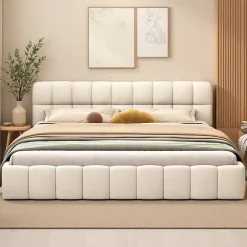 ProximaX Lit rembourré 140x200 cm en lin avec dossier moelleux, bordure rembourrée et sommier à lattes, Lit double, Beige