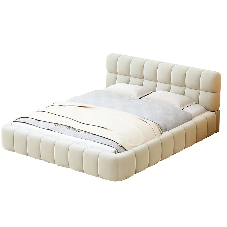ProximaX Lit rembourré 140x200 cm en lin avec dossier moelleux, bordure rembourrée et sommier à lattes, Lit double, Beige