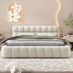 ProximaX Lit rembourré 140x200 cm en lin avec dossier moelleux, bordure rembourrée et sommier à lattes, Lit double, Beige