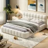 ProximaX Lit rembourré 140x200 cm en lin avec dossier moelleux, bordure rembourrée et sommier à lattes, Lit double, Beige