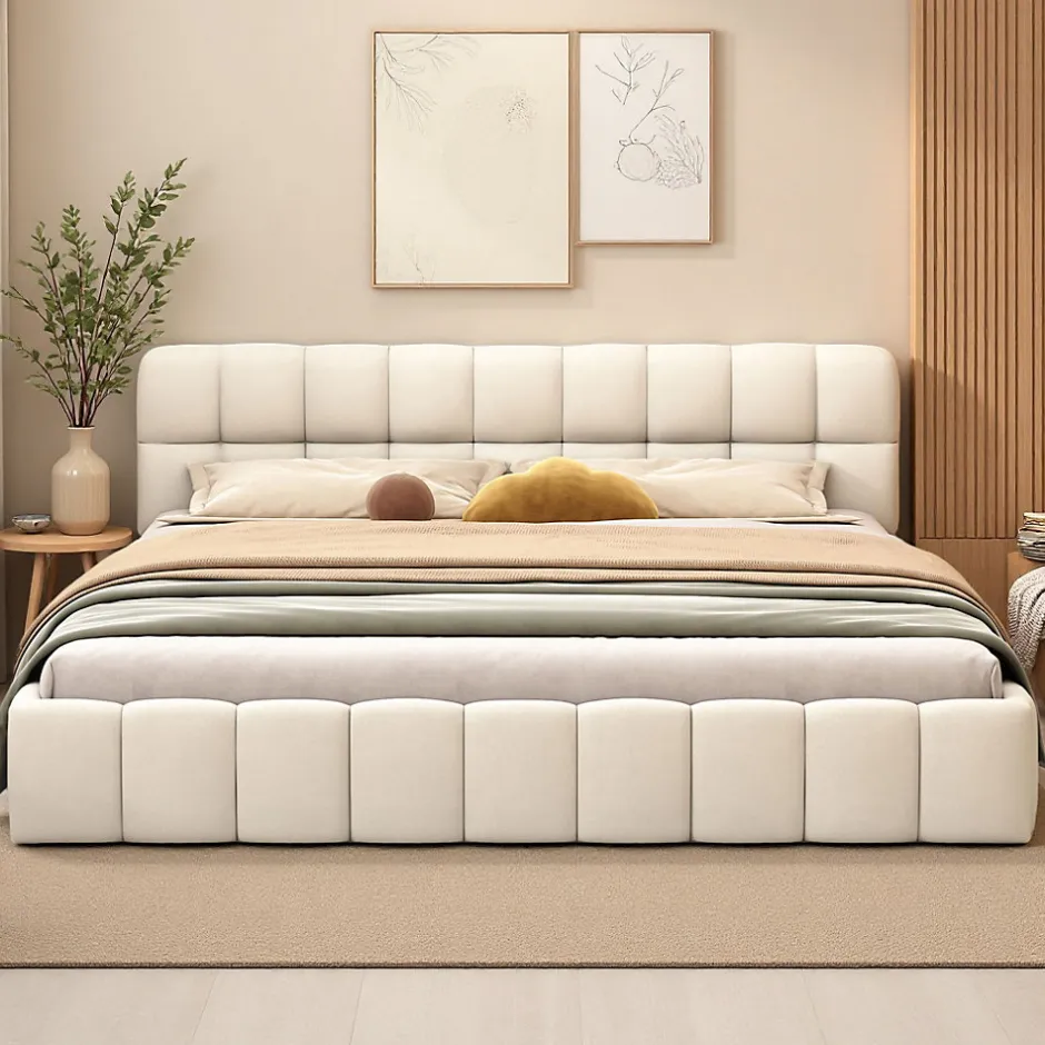 ProximaX Lit rembourré 140x200 cm en lin avec dossier moelleux, bordure rembourrée et sommier à lattes, Lit double, Beige
