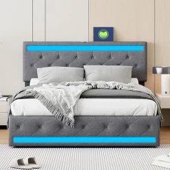 Simple Life Lit rembourré 140x190 cm, LED, 4 tiroirs, USB, coffre en lin, sommier bois -Gris