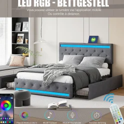 Simple Life Lit rembourré 140x190 cm, LED, 4 tiroirs, USB, coffre en lin, sommier bois -Gris