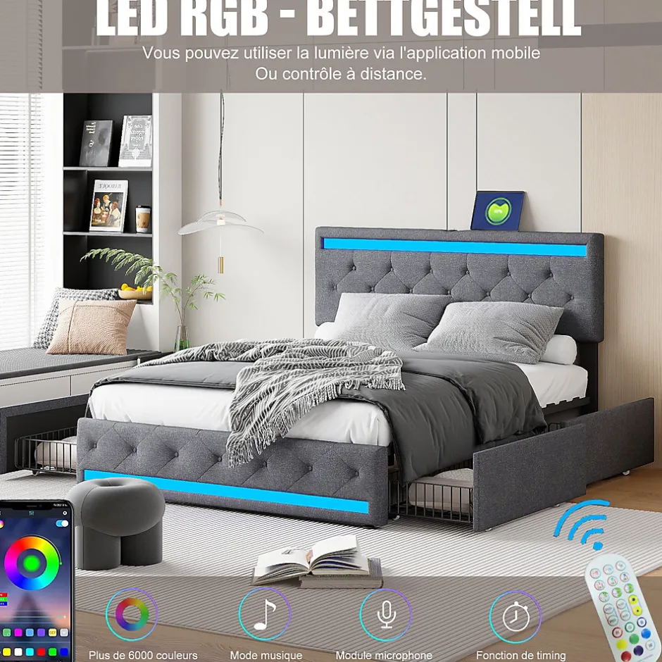 Simple Life Lit rembourré 140x190 cm, LED, 4 tiroirs, USB, coffre en lin, sommier bois -Gris