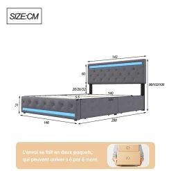 Simple Life Lit rembourré 140x190 cm, LED, 4 tiroirs, USB, coffre en lin, sommier bois -Gris