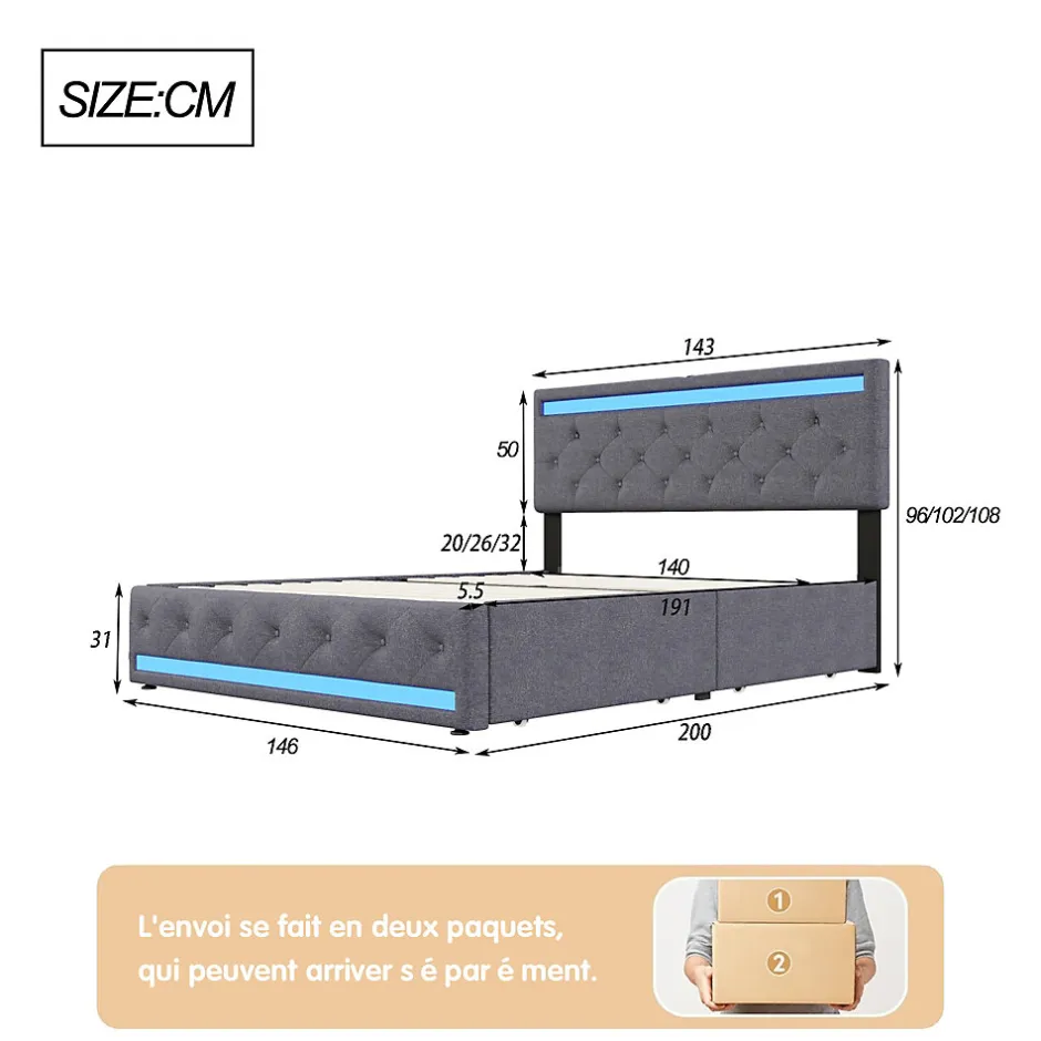 Simple Life Lit rembourré 140x190 cm, LED, 4 tiroirs, USB, coffre en lin, sommier bois -Gris
