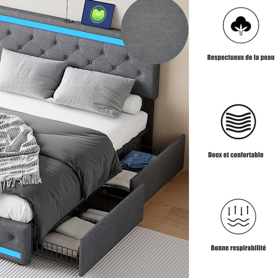 Simple Life Lit rembourré 140x190 cm, LED, 4 tiroirs, USB, coffre en lin, sommier bois -Gris