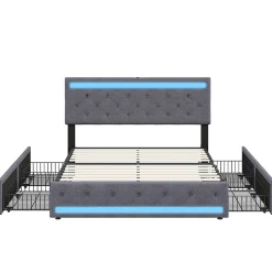 Simple Life Lit rembourré 140x190 cm, LED, 4 tiroirs, USB, coffre en lin, sommier bois -Gris