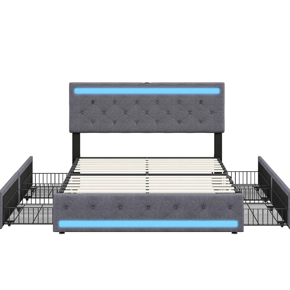 Simple Life Lit rembourré 140x190 cm, LED, 4 tiroirs, USB, coffre en lin, sommier bois -Gris