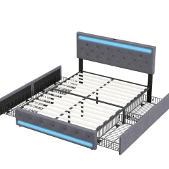 Simple Life Lit rembourré 140x190 cm, LED, 4 tiroirs, USB, coffre en lin, sommier bois -Gris
