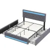 Simple Life Lit rembourré 180x200 cm, LED, 4 tiroirs, USB, coffre en lin, sommier bois -Gris