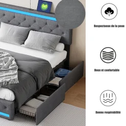 Simple Life Lit rembourré 180x200 cm, LED, 4 tiroirs, USB, coffre en lin, sommier bois -Gris