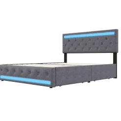 Simple Life Lit rembourré 180x200 cm, LED, 4 tiroirs, USB, coffre en lin, sommier bois -Gris